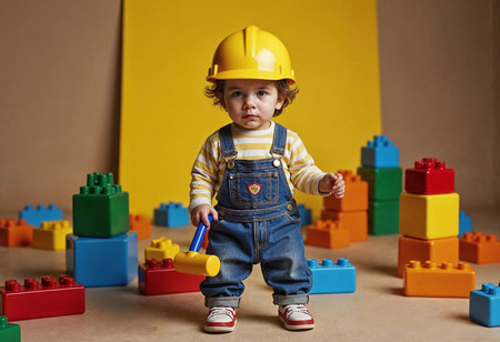 A young child, wearing a hard hat and overalls, enjoys constructing a vibrant play area filled with colorful building blocks. This playful scene sparks creativity and imagination.の素材