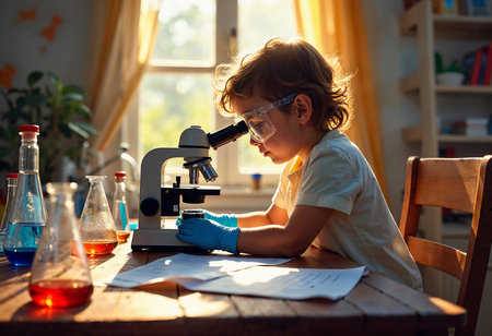 A curious child dons safety goggles while peering into a microscope amidst colorful flasks filled with liquids. Sunlight filters through the window, illuminating this scientific exploration.の素材