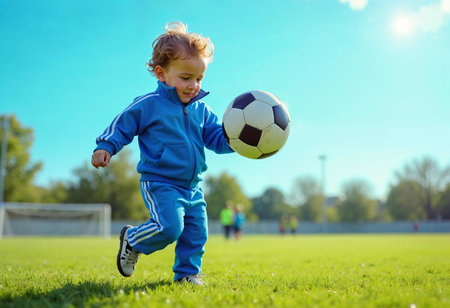 A young child in a blue tracksuit joyfully dribbles a soccer ball across a vibrant green field under a clear sky. The excitement of play shines in the child's smile with friends in the background.の素材