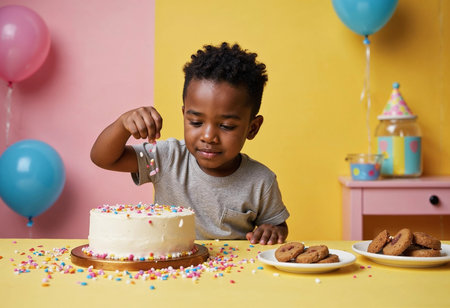 Bright balloons float in the background as a young boy adds sprinkles to a delicious cake. Surrounding treats and vibrant colors create a festive atmosphere perfect for a celebration.の素材