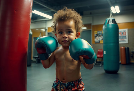 A young child stands confidently in a boxing gym, wearing colorful shorts and gloves. Focused and determined, he embodies the spirit of budding athletes while surrounded by training equipment.の素材