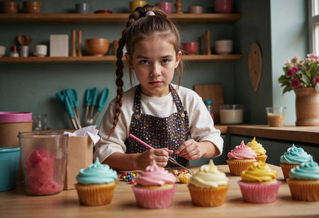 In a charming kitchen filled with pastel colors, a young girl carefully decorates an array of vibrant cupcakes with frosting and sprinkles, showcasing her artistic flair and love for baking.の素材