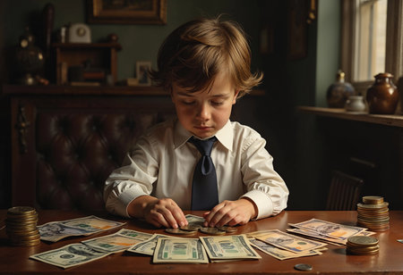 In a dimly lit vintage study, a young boy meticulously sorts through stacks of coins and crisp dollar bills, showcasing a serious expression as he engages in the art of money management.の素材