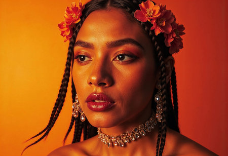 A woman with intricate braids showcases her beauty, wearing floral accessories and sparkling jewelry. The warm orange background enhances her striking features, creating a captivating visual harmony.の素材