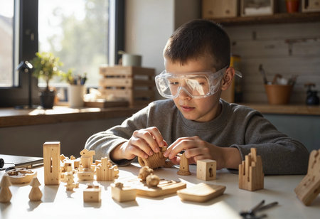 A focused young boy works diligently on an assortment of wooden pieces, assembling them into imaginative structures in a well-lit workshop filled with natural light.の素材