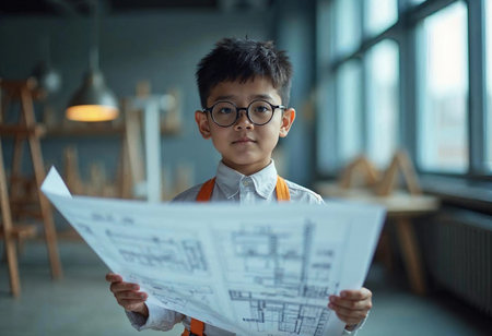 A young boy with glasses and suspenders stands in a bright, contemporary environment, proudly holding large blueprints.の素材
