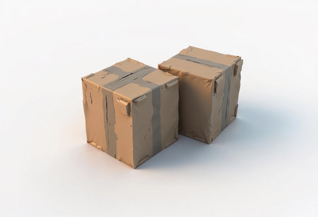 Two slightly worn cardboard boxes sit side by side on a pristine white surface, their taped edges hinting at contents waiting to be discovered.の素材
