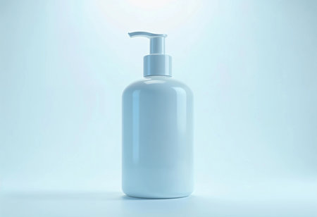 A sleek white pump bottle is positioned centrally against a soothing light blue background, capturing an elegant and serene aesthetic. The simple design creates a calming effect.の素材