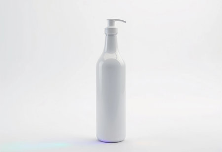 A sleek and minimalist white bottle with a pump top stands prominently against a soft, neutral background. The bright lighting enhances its smooth surface, creating a modern look.の素材
