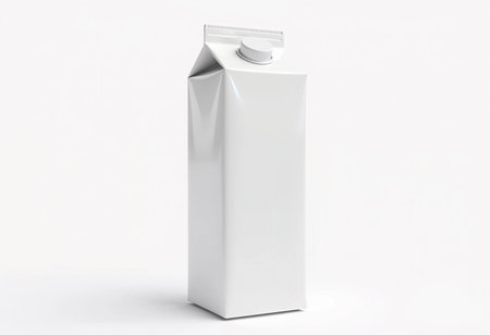 A minimalist white carton stands upright against a soft background, exuding a sense of cleanliness and potential. Its shape offers endless possibilities for branding and creativity.の素材