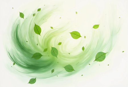 Fresh green leaves spiral gracefully in a soft breeze, evoking the essence of spring. The bright hues and movement breathe life into the tranquil atmosphere, celebrating nature's beauty.の素材