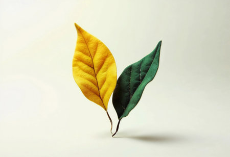 Two leaves, one vibrant yellow and the other deep green, are elegantly positioned against a soft, neutral background, showcasing the beauty and diversity of nature in a contemporary style.の素材