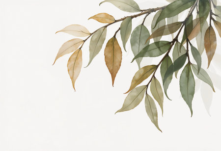 Graceful, translucent leaves in varying shades of green and gold cascade elegantly against a soft, neutral background, evoking a sense of calm and nature's beauty.の素材