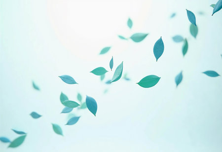 Soft green and turquoise leaves drift gracefully in a bright, airy space. The gentle movement evokes a sense of tranquility and calm, creating a peaceful ambiance that invites reflection.の素材