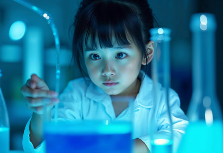 In a lively laboratory filled with glowing liquids, a young girl intently observes her colorful experiment. She wears a white lab coat and seems fascinated by science and discovery.の素材