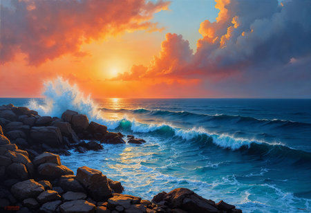 Waves crash against rocky shores as the sun sets, painting the sky in hues of orange and pink. The serene moment captures nature's beauty in a breathtaking coastal landscape.の素材