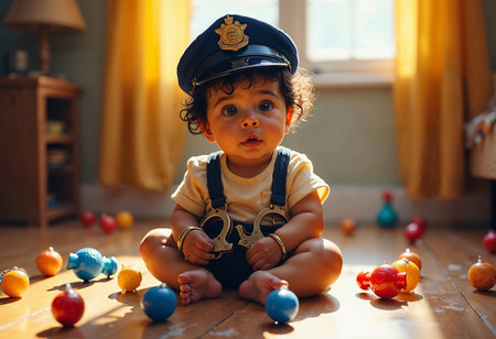 A toddler wearing a police hat and oversized handcuffs sits on a wooden floor surrounded by bright toys. Sunlight pours in through a window, creating a warm atmosphere filled with joy.の素材
