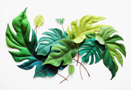 Soft, felt-like leaves in various shades of green create an artistic arrangement. The organic shapes and textures evoke a sense of calm and connection to nature's diversity and elegance.の素材