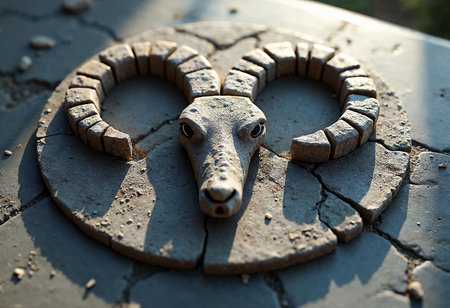 Intricate ram design crafted from stone lies atop a cracked surface, illuminated by gentle sunlight. The detailing showcases natureの素材