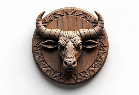 A beautifully crafted bull head in wood hangs on a circular plaque. The intricate details highlight excellent craftsmanship, making it a stunning focal point for any decor.の素材