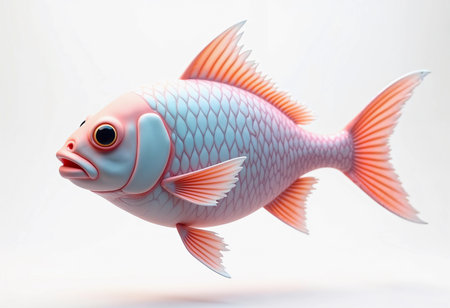 A vibrant fish with delicate pink and blue hues glides elegantly through serene waters, showcasing intricate scales and expressive features as it explores its aquatic habitat.の素材