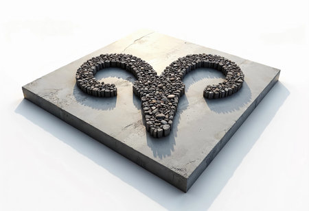 This striking sculpture, crafted from various stones, features a ram's head design. Its intricate textures and shadows create an artistic focal point in a minimalist space, inviting admiration.の素材