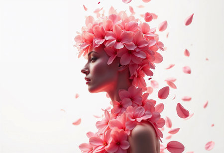 A graceful figure stands in soft light, crowned with a vibrant wreath of pink petals. Surrounding her, delicate flower petals drift, creating an enchanting and ethereal atmosphere.の素材