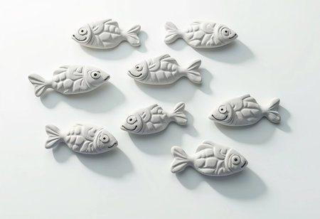 A collection of intricately designed fish sculptures made of stone is artfully displayed. Their playful forms and textures add a whimsical touch to contemporary living spaces.の素材