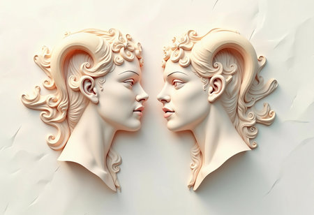 Two beautifully crafted marble faces with intricate curls and horns face each other. The detailing captures a profound moment of connection, reflecting artistry and emotion in soft tones.の素材