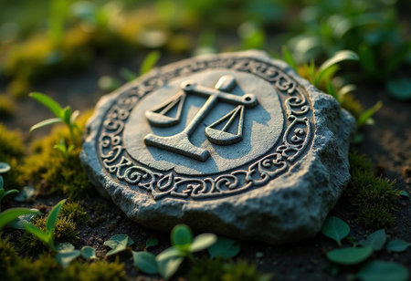 Nestled in lush green foliage, a beautifully detailed stone carving representing justice glimmers in the soft light of dawn. This tranquil setting evokes a sense of peace and reflection.の素材