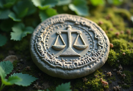 A carefully crafted stone symbol representing justice lies on a bed of lush green moss. Surrounded by delicate leaves, the emblem conveys a sense of peace and balance in nature.の素材