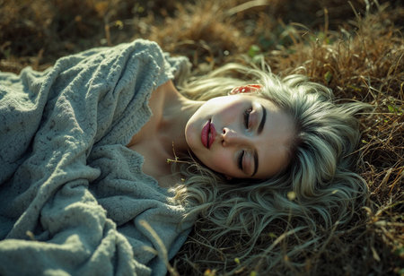 A serene moment captures a young woman lying on a field of golden grass. Soft sunlight bathes her tranquil expression as she enjoys a peaceful afternoon nap, wrapped in a cozy blanket.の素材