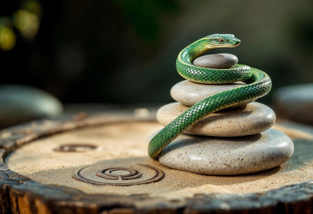 A vibrant green snake gracefully coils around smooth stones stacked in a serene setting. Soft sunlight filters through the leaves, enhancing the calm atmosphere of the garden.の素材
