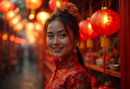 A young woman smiles brightly while wearing a traditional outfit adorned with floral motifs. Surrounded by glowing red lanterns, she stands in a lively cultural market, creating a festive ambiance.の素材