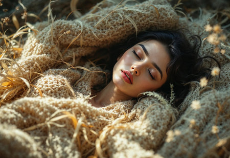 Wrapped in a cozy knit blanket, a woman peacefully rests among golden grass. The soft sunlight filters through, creating a serene atmosphere that evokes relaxation and connection with nature.の素材