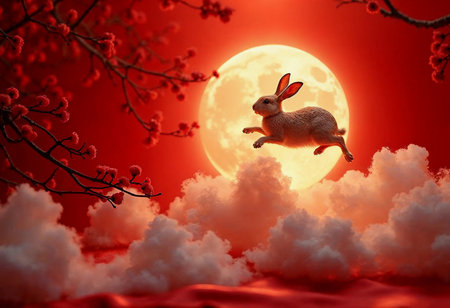 In a dreamy landscape, a rabbit bounds through fluffy clouds under an enormous, glowing red moon. Surrounding cherry blossom branches frame this enchanting nocturnal moment filled with magic.の素材