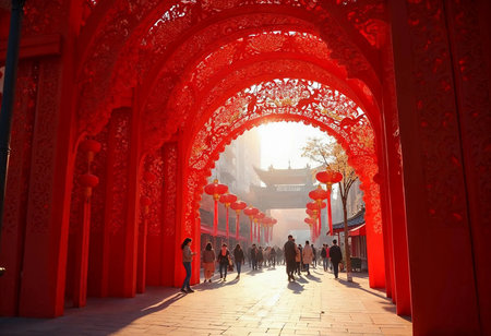 Tourists stroll through a stunning alley adorned with intricate red arches and lanterns, basking in warm sunlight during a lively festival, soaking up the rich cultural atmosphere.の素材
