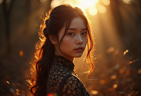A young woman stands gracefully in a sun-drenched forest at sunset, her hair illuminated by golden light. The background features softly blurred trees, evoking peace and tranquility.の素材