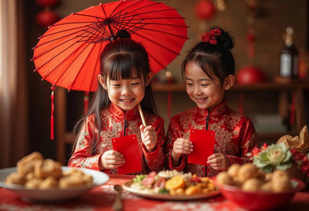 Two cheerful girls dressed in bright red attire enjoy a traditional celebration, holding red envelopes and a charming umbrella, surrounded by delicious festive dishes and decorations.の素材