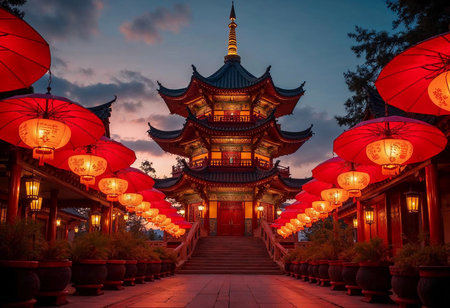 A stunning temple stands majestically at dusk, surrounded by vibrant red lanterns. The warm glow mixes with the fading light, creating a magical atmosphere in this tranquil setting.の素材