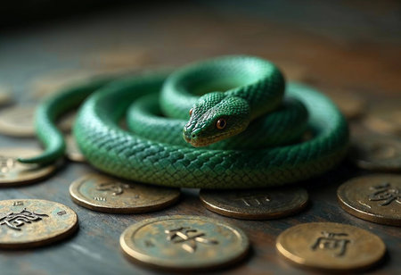 A vibrant green snake curls elegantly around a collection of old coins, showcasing an enchanting harmony between nature and history. The soft light highlights intricate details.の素材