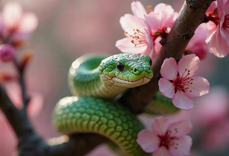 A vibrant green serpent gracefully wraps itself around a branch adorned with soft pink cherry blossoms. This tranquil moment captures the beauty of nature in full bloom, celebrating spring's arrival.の素材