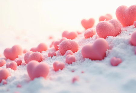 Small pink hearts are playfully sprinkled across a soft, white blanket of snow, capturing the magic of a whimsical winter. This delightful contrast invites warmth and joy amidst the coolness.の素材