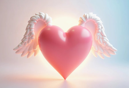 A charming pink heart adorned with delicate angel wings emits a warm glow, creating a whimsical atmosphere. Soft pastel colors enhance its enchanting and playful appeal.の素材