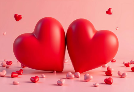 In a soft pink backdrop, two large red hearts stand closely together, radiating warmth and affection. Tiny pastel hearts surround them, enhancing the romantic atmosphere.の素材