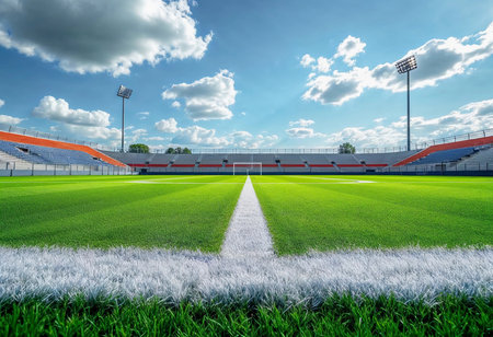 A vibrant green soccer field in a well-maintained stadium is bathed in sunlight. The empty stands, adorned with colorful seats, await excited fans for the upcoming match.の素材