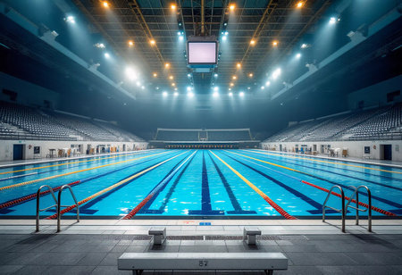 The indoor swimming pool glimmers under bright lights, showcasing pristine waters and vibrant lane markers. The arena is ready for athletes to make a splash in thrilling competitions.の素材