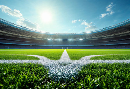 Under a bright sun, the vibrant green field of a spacious stadium awaits its athletes. The lines are freshly painted, hinting at the excitement of upcoming games.の素材