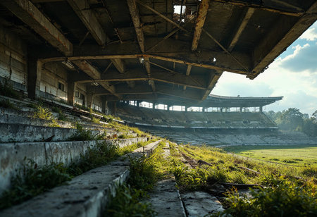 Once a vibrant venue for sports events, this neglected stadium now showcases nature's reclaiming touch with overgrown grass and moss-covered seats, bathed in soft morning light.の素材
