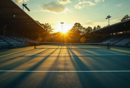 Golden rays of sunset pierce through the trees, illuminating a serene tennis court. Shadows stretch across the smooth surface, inviting evening matches under the fading light.の素材